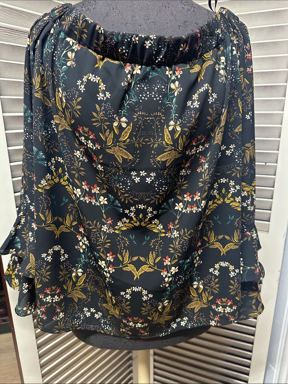 Very J Black Floral Off-Shoulder Blouse with Gold Accents